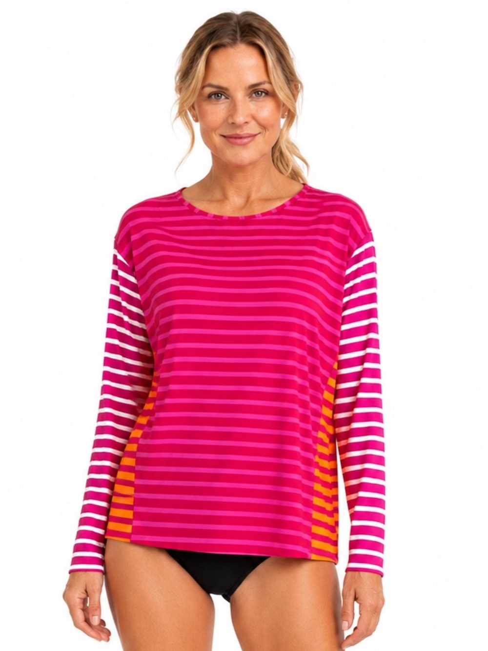 Lands’ End XL 18 UPF 50 Long Sleeve Swim Tee Rash Guard Pink Orange Stripe